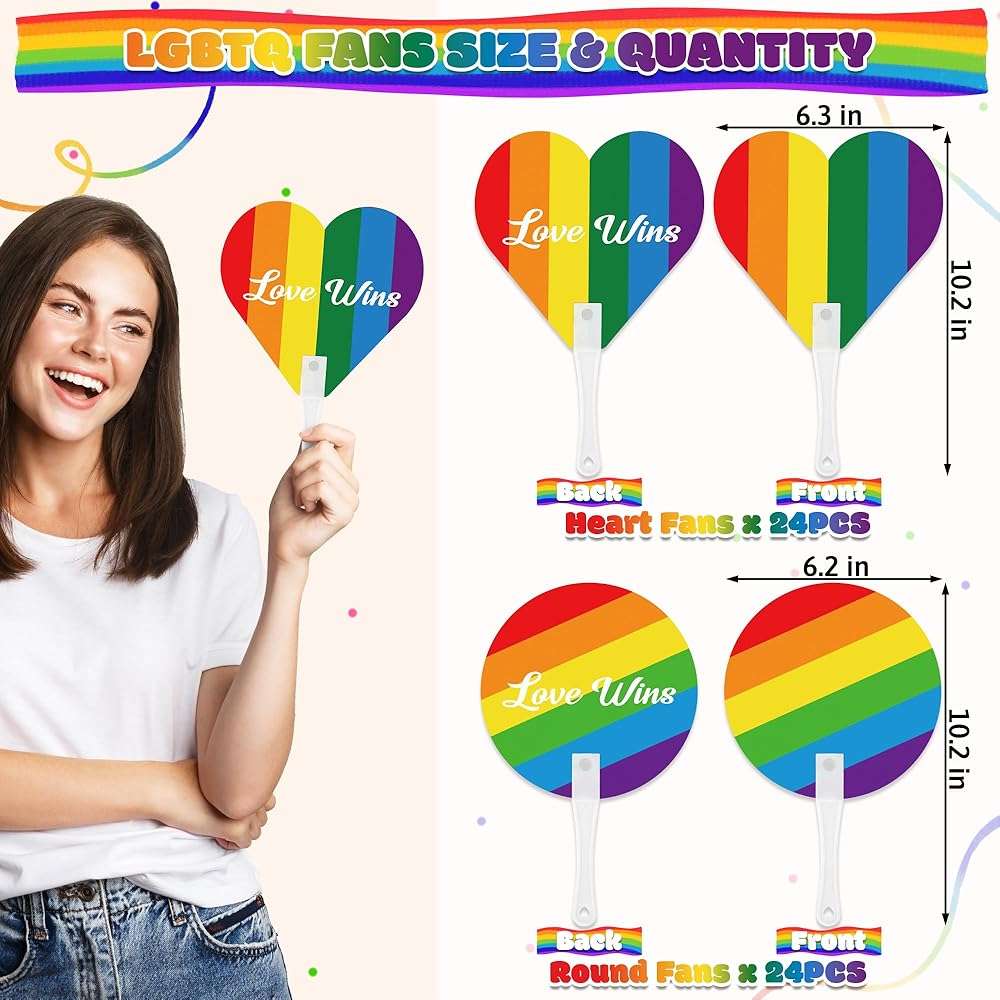 Blowata 48Pcs Pride Accessories Includes Gay Hand Fans - Heart and Round Rainbow Hand Fan for Parties, LGBTQ, Parades, Sturdy LGBT Plastic Fan for Pride Gifts and Pride Party Supplies - Image 3