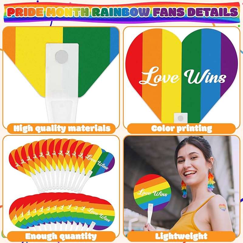 Blowata 48Pcs Pride Accessories Includes Gay Hand Fans - Heart and Round Rainbow Hand Fan for Parties, LGBTQ, Parades, Sturdy LGBT Plastic Fan for Pride Gifts and Pride Party Supplies - Image 4