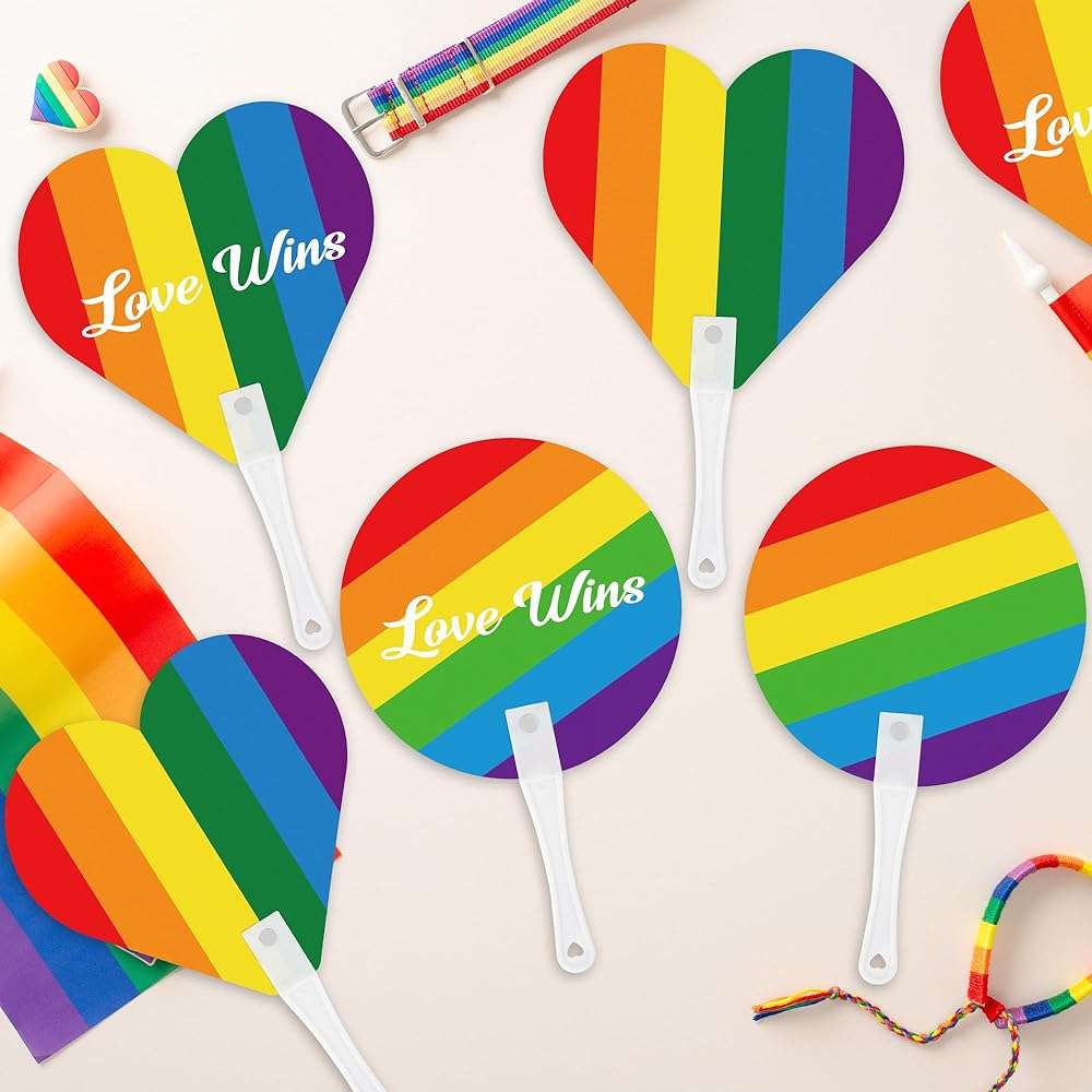 Blowata 48Pcs Pride Accessories Includes Gay Hand Fans - Heart and Round Rainbow Hand Fan for Parties, LGBTQ, Parades, Sturdy LGBT Plastic Fan for Pride Gifts and Pride Party Supplies - Image 5