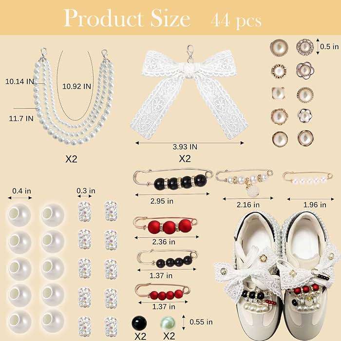 Lospfo 44PCS Shoe Charms for Sneakers Rhinestone Charms for Women Peals Beaded Chain for Shoes DIY Cute Bow/Clips/Jewelry/Pins Shoelace Charms Decoration Shoe Accessories for Gift - Image 6