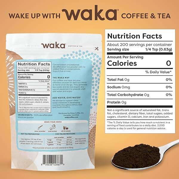 Waka Instant Black Tea Mix Pouch, Decaffeinated - 100% Tea Leaves, No Additives, Unsweetened Tea Powder for 50 Quarts or 200 Cups – Easy Quick Hot and Iced Teas (4.5oz) - Image 3