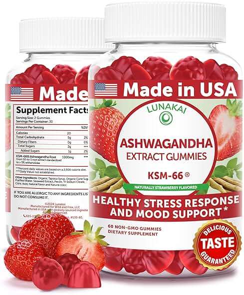 Lunakai USA Made KSM-66 Ashwagandha Gummies for Women & Men – Daily Vegan Supplement for Stress, Mood & Sleep Support, 60ct - Image 1