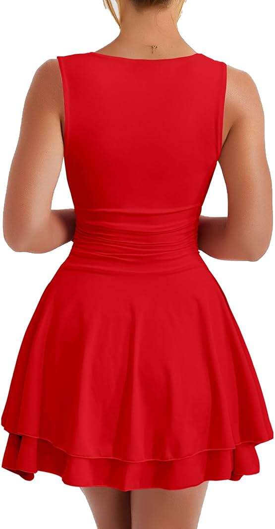 Kaximil Women's Ruffle Hem Boat Neck Mini Dress Sleeveless Ruched Corset Short Party Dresses - Image 2