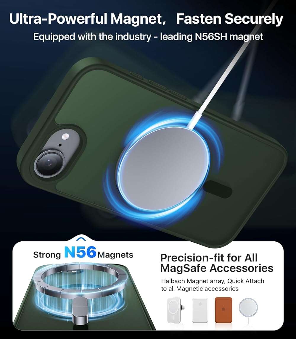 Eastinbox Magnetic Shockproof for iPhone 17e & iPhone 16e Case [Compatible with MagSafe] [Military-Grade Protection] Anti-Yellowing, Matte Protective Phone Case for iPhone 17 e/16 e 6.1", Green - Image 2