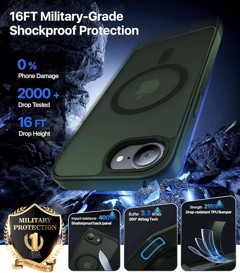 Eastinbox Magnetic Shockproof for iPhone 17e & iPhone 16e Case [Compatible with MagSafe] [Military-Grade Protection] Anti-Yellowing, Matte Protective Phone Case for iPhone 17 e/16 e 6.1", Green - Image 3