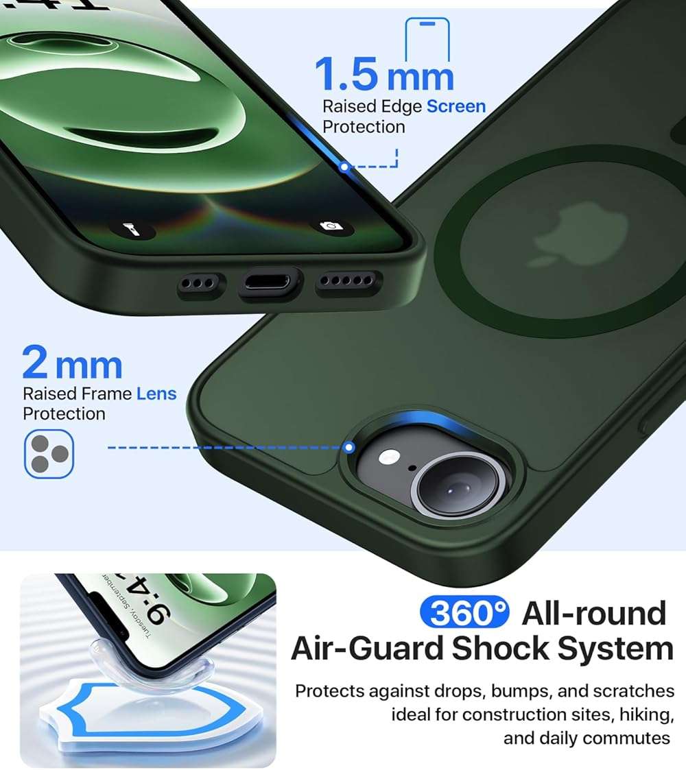 Eastinbox Magnetic Shockproof for iPhone 17e & iPhone 16e Case [Compatible with MagSafe] [Military-Grade Protection] Anti-Yellowing, Matte Protective Phone Case for iPhone 17 e/16 e 6.1", Green - Image 4