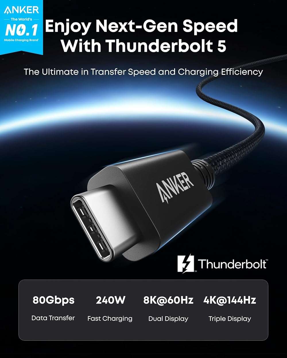 Anker Prime Thunderbolt 5 Cable, 3.3 FT USB C to USB C Cable, 240W Charging, 80Gbps Data Transfer, Up to 120Gbps Bandwidth, 8K/4K Displays, for iPhone 16, MacBook, and More (Thunderbolt 5-Certified) - Image 2