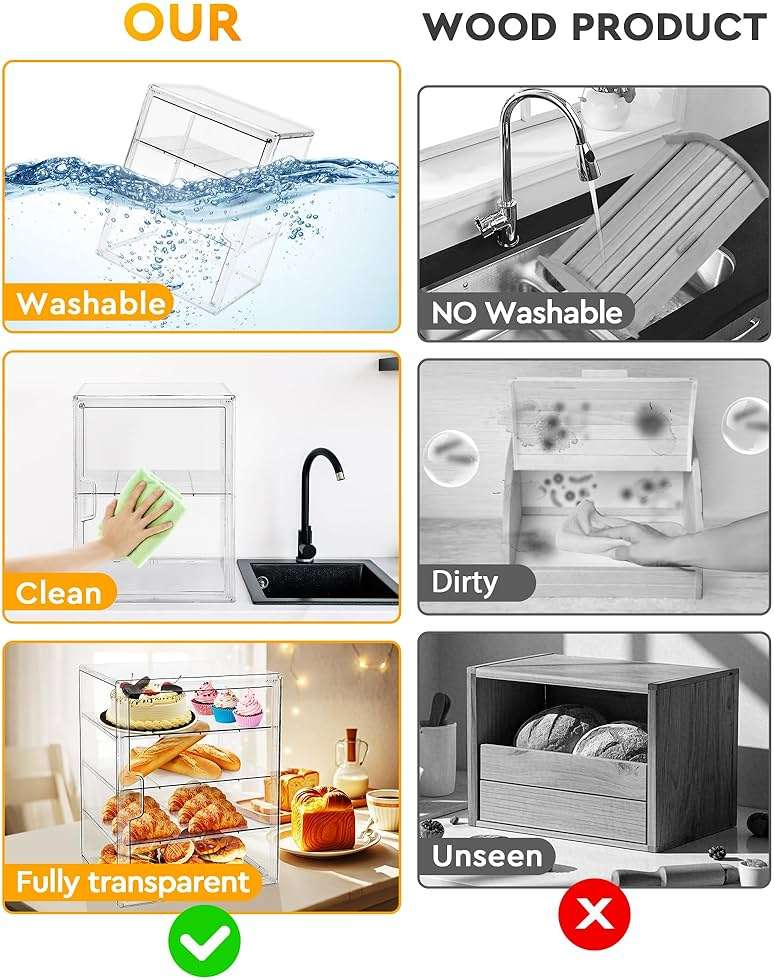 MEI NIAN Pastry Display Case,Bread Box for Kitchen Countertop,4-Layer Adjustable BreadBox, Large Capacity Bread Box for Home-baked Breads,Muffins,Bagel Storage Container, Bread Holder 1-Pack - Image 4
