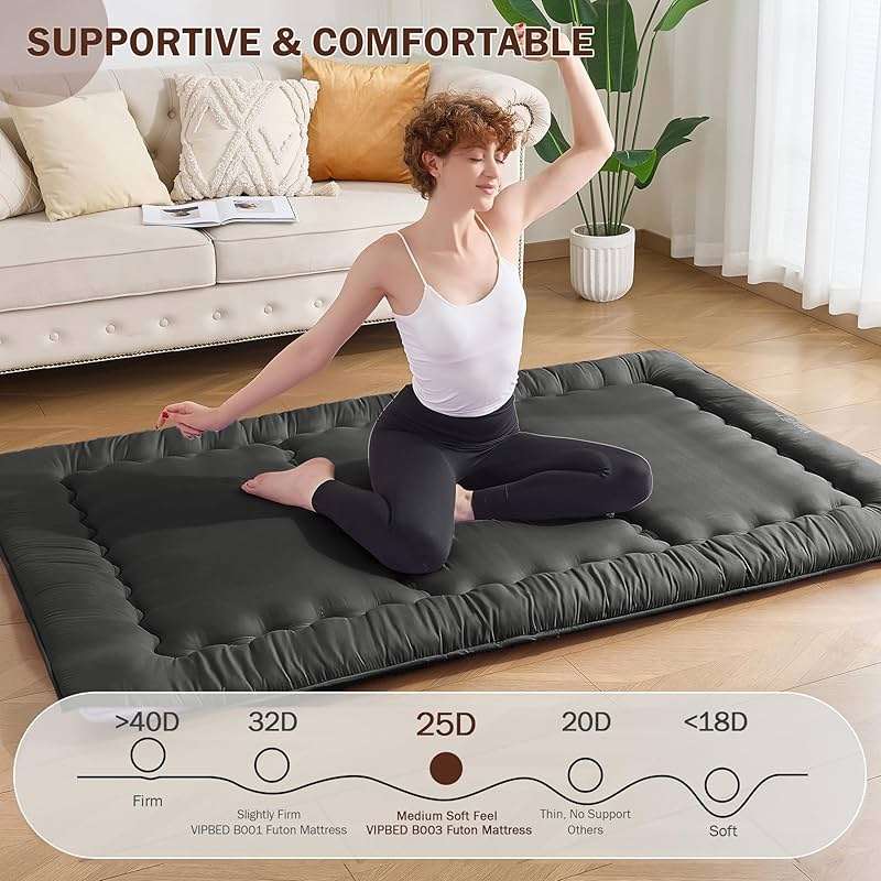 VIPBED Japanese Floor Futon Mattress Queen Size, 4" Thicken Foldable Mattress Tatami Mat Sleeping Pad, 25D Foam Filled Traditional Shiki Futon (shikibuton), Designed in Japan (Black 60"x 80") - Image 3