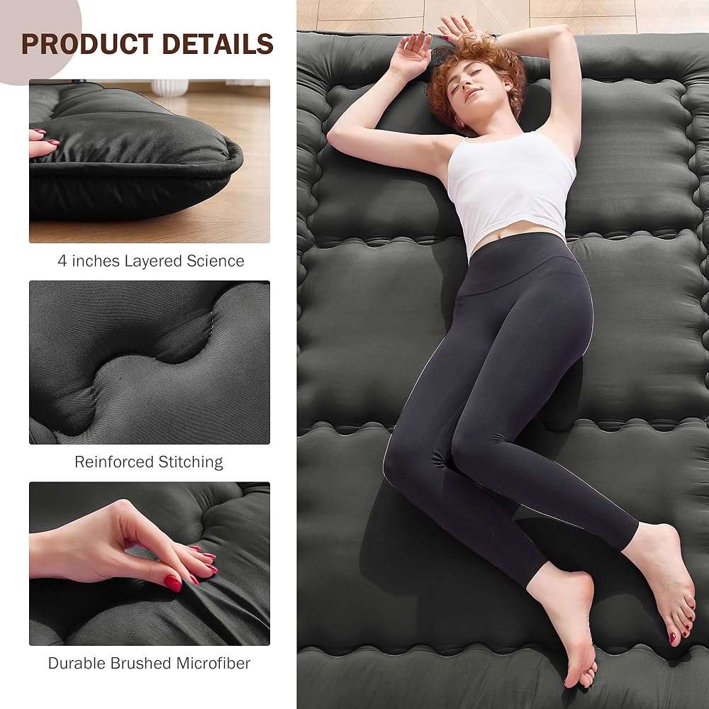 VIPBED Japanese Floor Futon Mattress Queen Size, 4" Thicken Foldable Mattress Tatami Mat Sleeping Pad, 25D Foam Filled Traditional Shiki Futon (shikibuton), Designed in Japan (Black 60"x 80") - Image 4