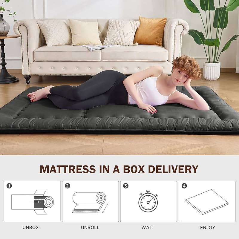 VIPBED Japanese Floor Futon Mattress Queen Size, 4" Thicken Foldable Mattress Tatami Mat Sleeping Pad, 25D Foam Filled Traditional Shiki Futon (shikibuton), Designed in Japan (Black 60"x 80") - Image 5