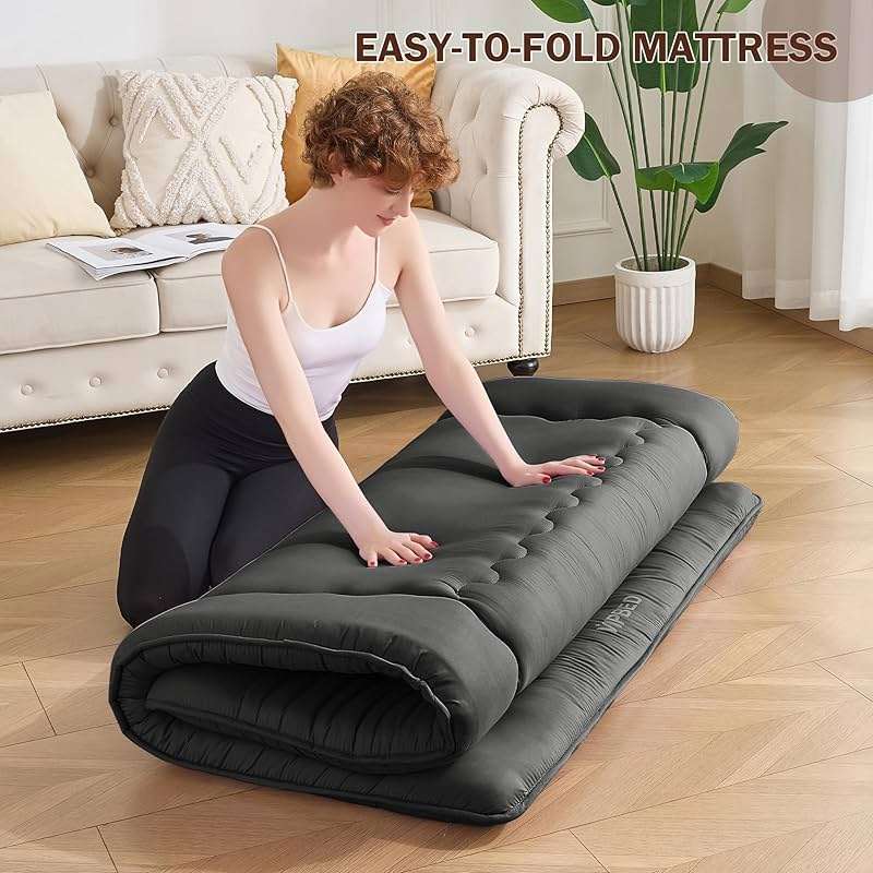 VIPBED Japanese Floor Futon Mattress Queen Size, 4" Thicken Foldable Mattress Tatami Mat Sleeping Pad, 25D Foam Filled Traditional Shiki Futon (shikibuton), Designed in Japan (Black 60"x 80") - Image 7