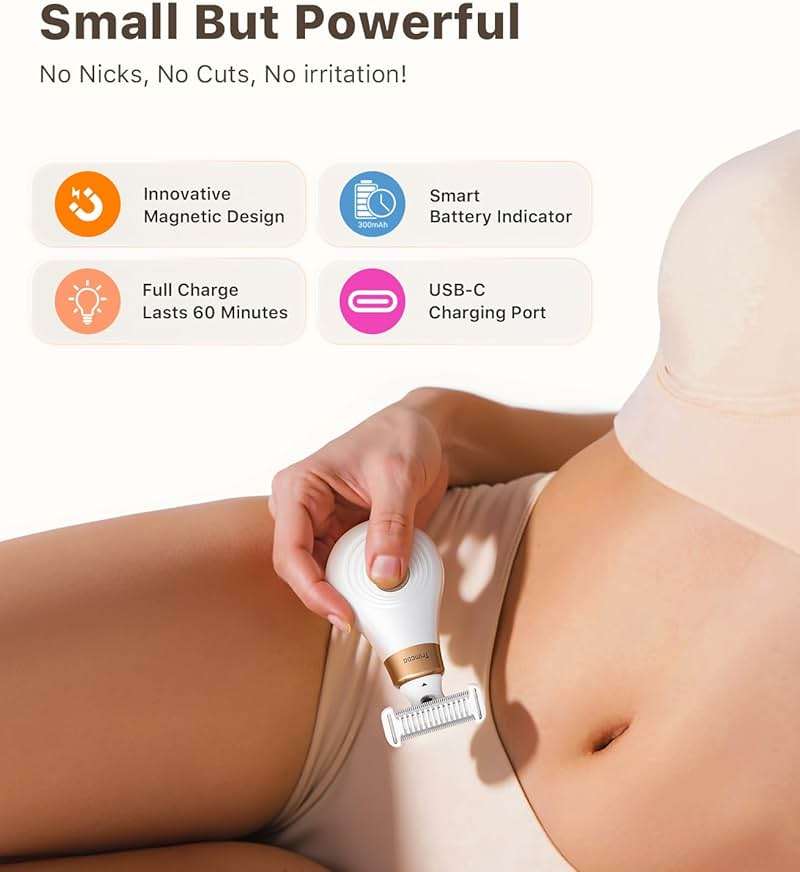 Trimcoo Mini Bikini Trimmer for Women - Intimate Pubic Hair Removal, Electric Body Groomer, Small Portable Wet/Dry Shaver, Magnetic Blade, USB-C Rechargeable with Travel Case, Easy to Clean (White) - Image 4