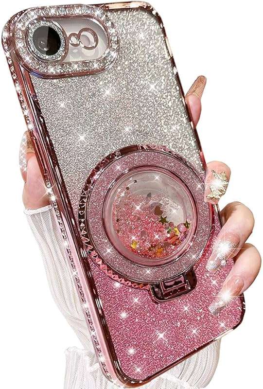 AuroiCCY for iPhone 16e & iPhone 17e Case, Moving Liquid Sparkle Glitter Case with Kickstand, Women Bling Flowing Liquid Floating Rhinestones Ring Cover with Camera Lens Protector (Pink) - Image 1