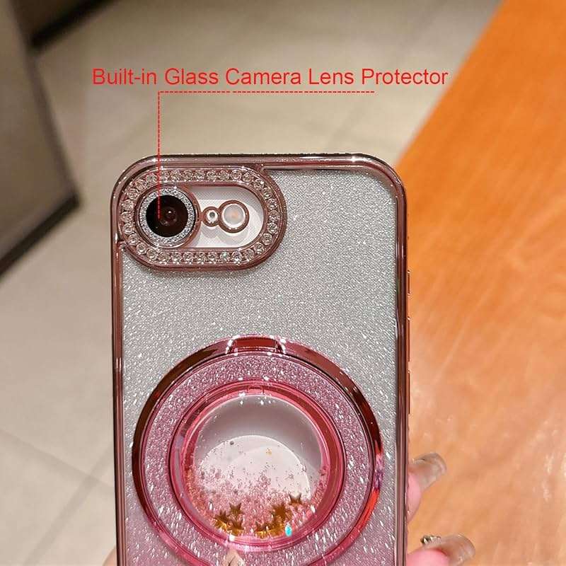 AuroiCCY for iPhone 16e & iPhone 17e Case, Moving Liquid Sparkle Glitter Case with Kickstand, Women Bling Flowing Liquid Floating Rhinestones Ring Cover with Camera Lens Protector (Pink) - Image 3