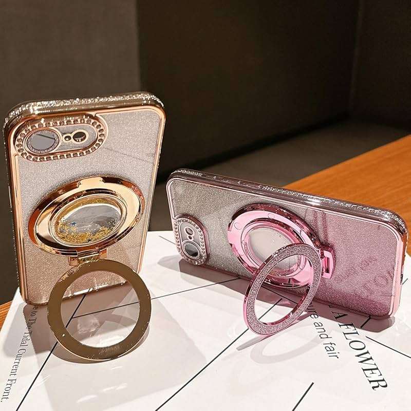 AuroiCCY for iPhone 16e & iPhone 17e Case, Moving Liquid Sparkle Glitter Case with Kickstand, Women Bling Flowing Liquid Floating Rhinestones Ring Cover with Camera Lens Protector (Pink) - Image 4
