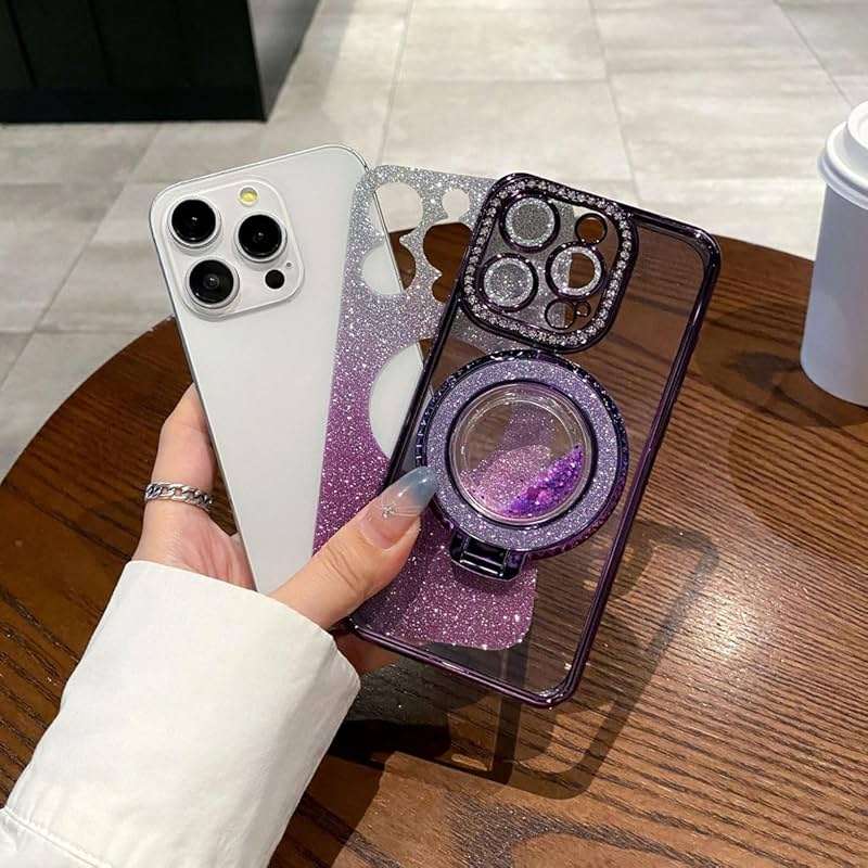 AuroiCCY for iPhone 16e & iPhone 17e Case, Moving Liquid Sparkle Glitter Case with Kickstand, Women Bling Flowing Liquid Floating Rhinestones Ring Cover with Camera Lens Protector (Pink) - Image 5