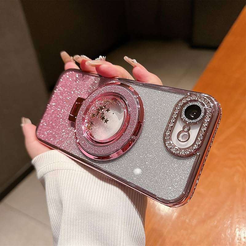 AuroiCCY for iPhone 16e & iPhone 17e Case, Moving Liquid Sparkle Glitter Case with Kickstand, Women Bling Flowing Liquid Floating Rhinestones Ring Cover with Camera Lens Protector (Pink) - Image 6