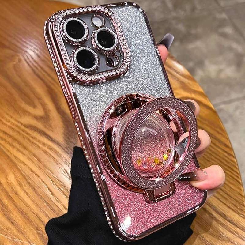 AuroiCCY for iPhone 16e & iPhone 17e Case, Moving Liquid Sparkle Glitter Case with Kickstand, Women Bling Flowing Liquid Floating Rhinestones Ring Cover with Camera Lens Protector (Pink) - Image 7