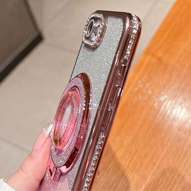 AuroiCCY for iPhone 16e & iPhone 17e Case, Moving Liquid Sparkle Glitter Case with Kickstand, Women Bling Flowing Liquid Floating Rhinestones Ring Cover with Camera Lens Protector (Pink) - Image 8