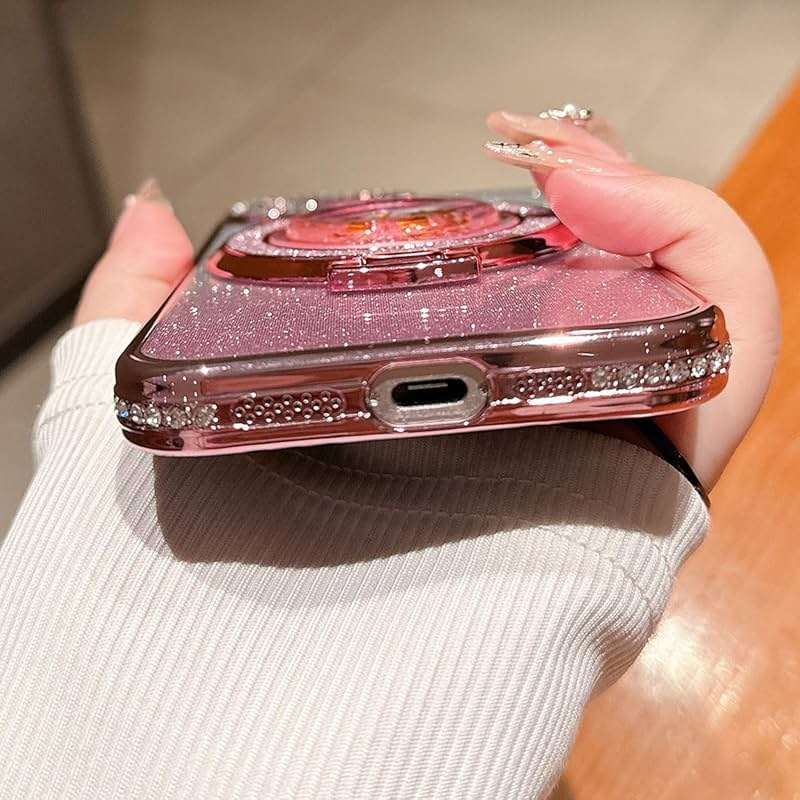 AuroiCCY for iPhone 16e & iPhone 17e Case, Moving Liquid Sparkle Glitter Case with Kickstand, Women Bling Flowing Liquid Floating Rhinestones Ring Cover with Camera Lens Protector (Pink) - Image 9