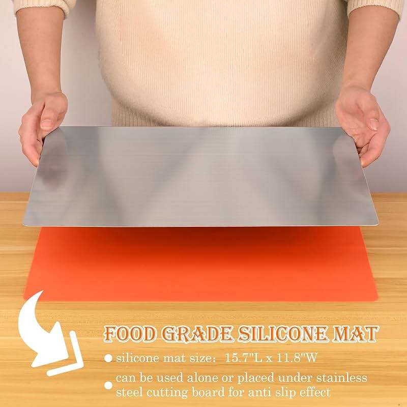 HUAKENER Large Stainless Steel Cutting Boards for Kitchen, Cutting Board with Counter Lip, Cutting Board with Silicone Mat for Meat, Fruits, Vegetables, Bread (15.7 x 11.8 Inch) - Image 4