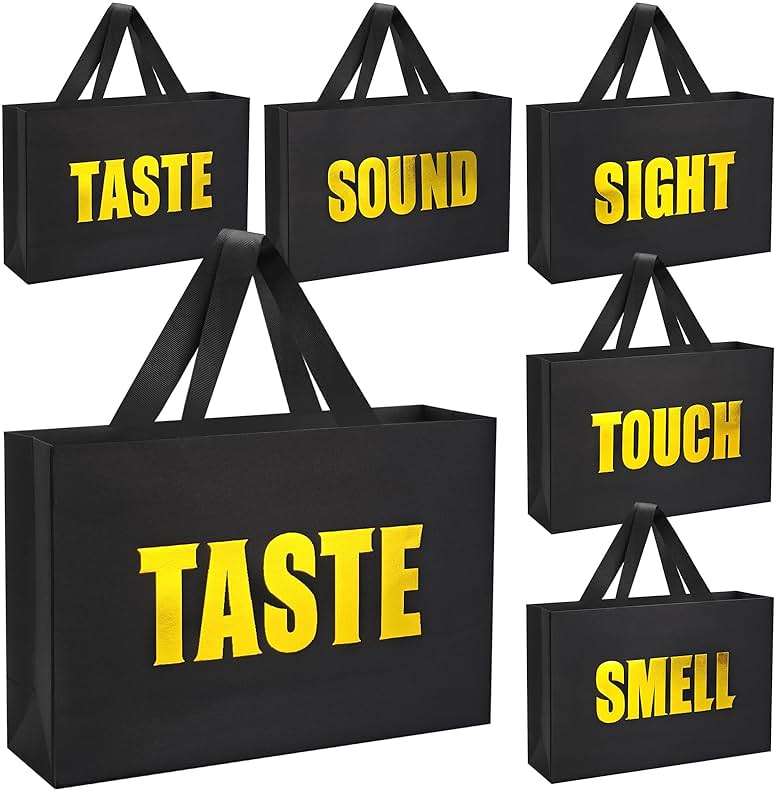 LUOKER 5 Senses Gift Bags for Him,12.6" Double Sided Gold Stamping Word,Five Senses Gift Bags with Ribbon Handles,Black Bag for Wedding Anniversary,Party,Birthday,Mother's Day - Image 1