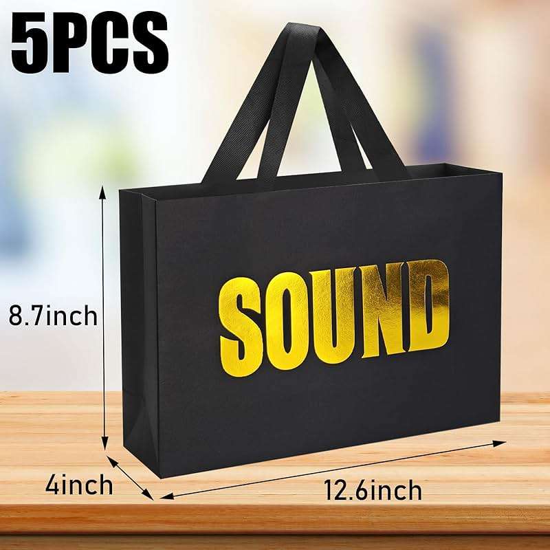 LUOKER 5 Senses Gift Bags for Him,12.6" Double Sided Gold Stamping Word,Five Senses Gift Bags with Ribbon Handles,Black Bag for Wedding Anniversary,Party,Birthday,Mother's Day - Image 2