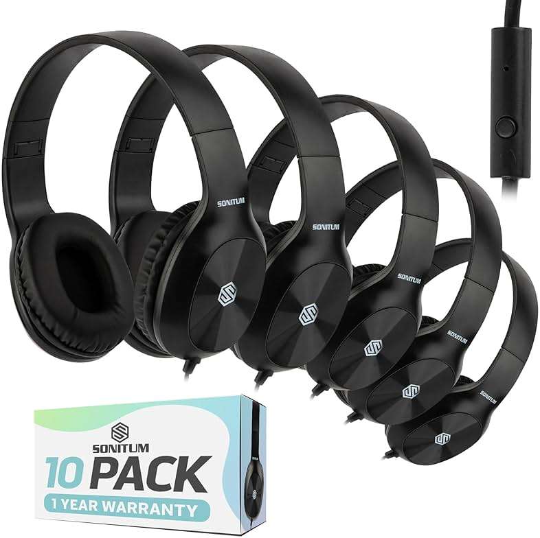 Sonitum Classroom Headphones-Bulk 10-Pack, with Microphone Student On Ear Comfy Swivel Earphones for Library, School, Airplane, Kids-for Online Learning and Travel, HQ Stereo Sound 3.5mm Jack (Black) - Image 1