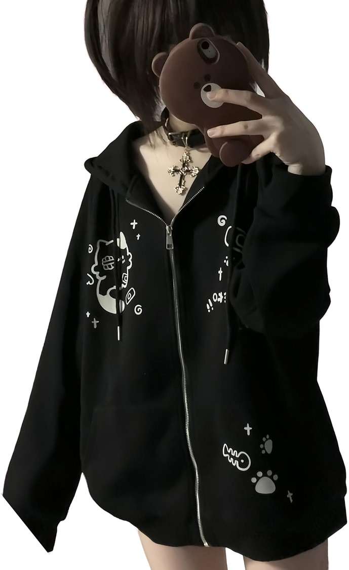 Dynict Womens Y2K Zip Up Cute Graphic Hoodies Cat Ears Casual Cartoon Harajuku Kawaii Clothes Oversize Streetwear Jacket - Image 1