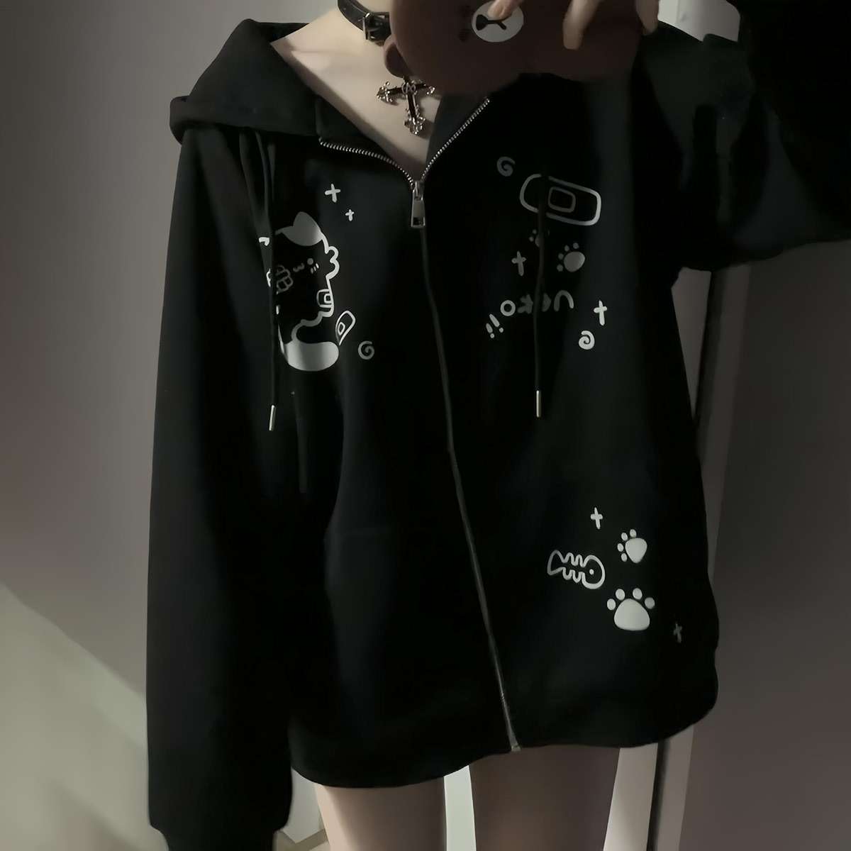 Dynict Womens Y2K Zip Up Cute Graphic Hoodies Cat Ears Casual Cartoon Harajuku Kawaii Clothes Oversize Streetwear Jacket - Image 2