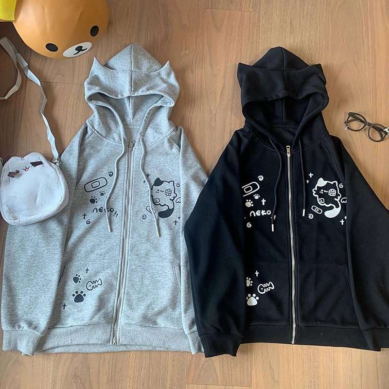 Dynict Womens Y2K Zip Up Cute Graphic Hoodies Cat Ears Casual Cartoon Harajuku Kawaii Clothes Oversize Streetwear Jacket - Image 6