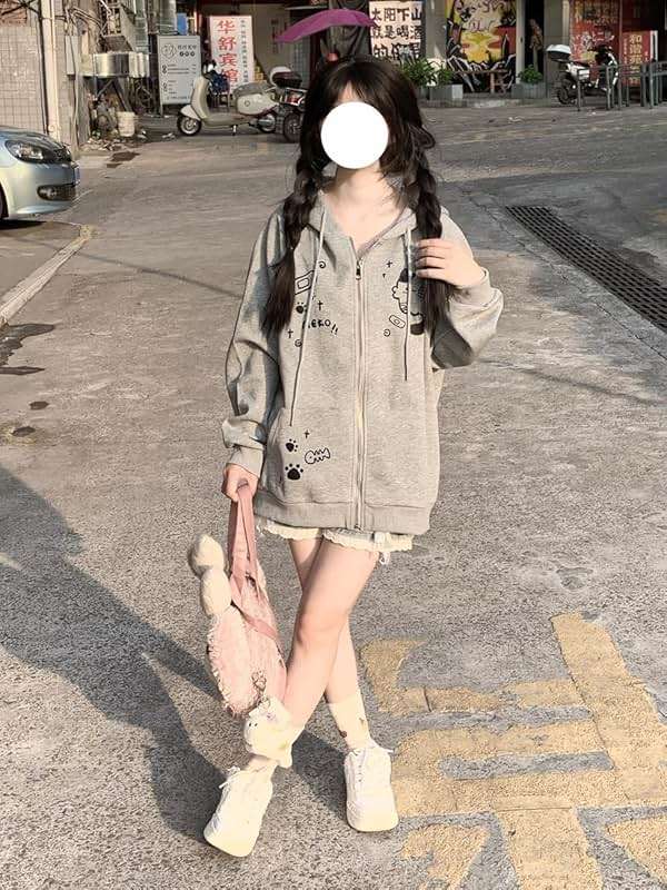 Dynict Womens Y2K Zip Up Cute Graphic Hoodies Cat Ears Casual Cartoon Harajuku Kawaii Clothes Oversize Streetwear Jacket - Image 2