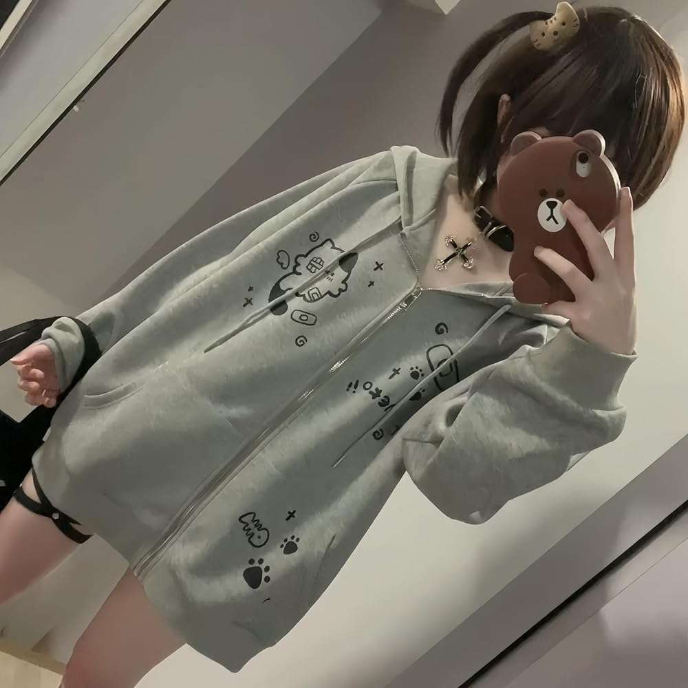 Dynict Womens Y2K Zip Up Cute Graphic Hoodies Cat Ears Casual Cartoon Harajuku Kawaii Clothes Oversize Streetwear Jacket - Image 6