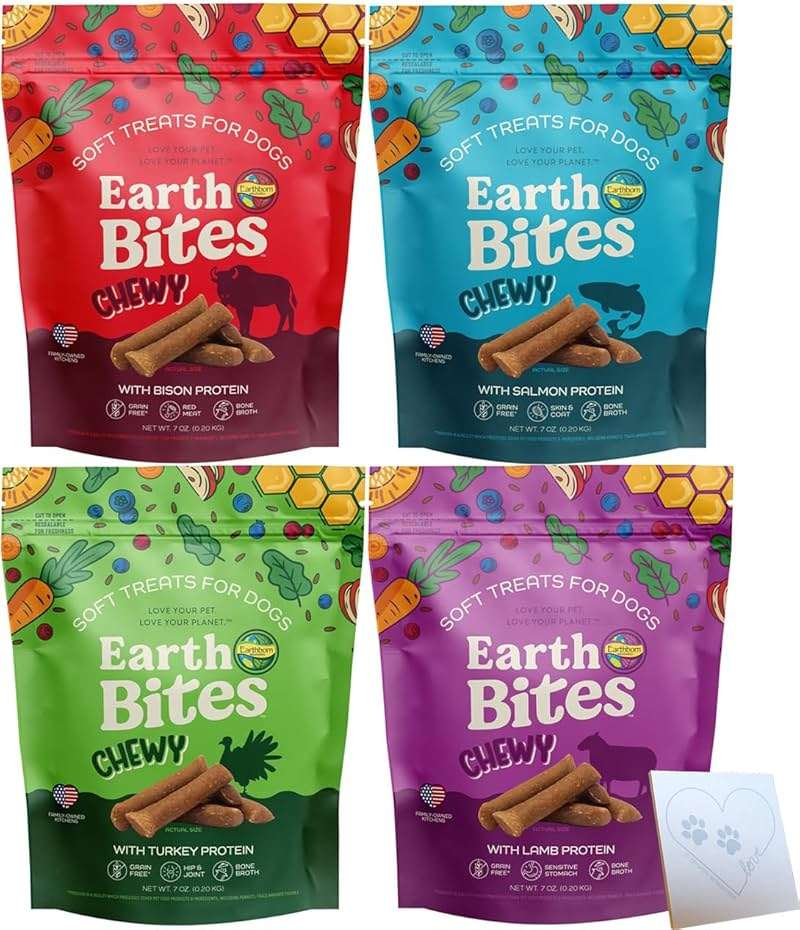 Earthborn-Holistic Dog Treats Chewy Variety Pack - 4 Delicious Earth Bites Flavors: Lamb, Bison, Turkey, & Salmon (7oz Each) - Image 1