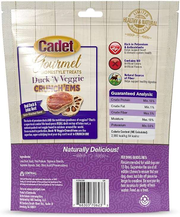 Cadet Gourmet Crunch'ems Homestyle Dog Treats, Natural Dog Chews with Real Chicken and Lotus Root, Duck 'N Veggie Flavor, 10 Count (Pack of 1) - Image 8