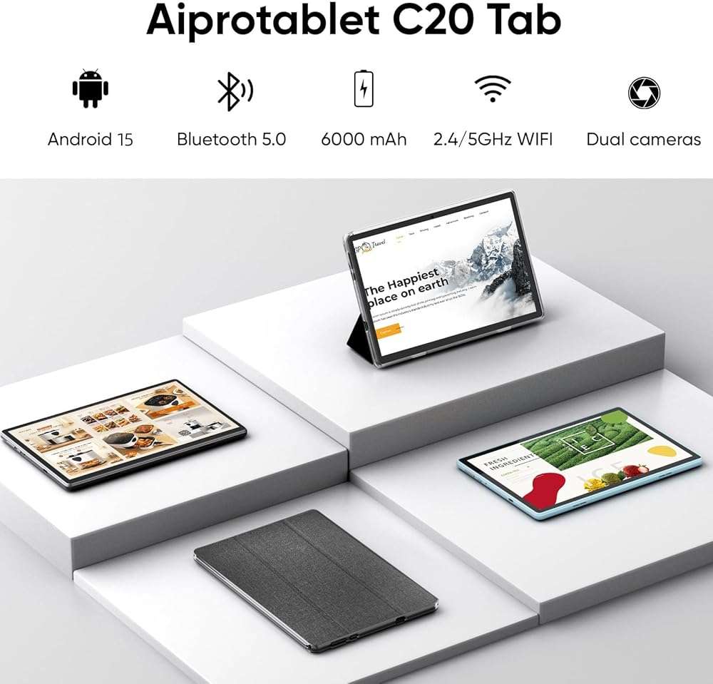 aiprotablet Tablet 10 inch Android 15 Tablets, 12GB RAM 64GB ROM 1TB Expand, Quad-Core Processor, 1280x800 LCD Touch Screen, WiFi 5, Dual Camera, BT5.0, 6000mAh Battery (Black) - Image 2