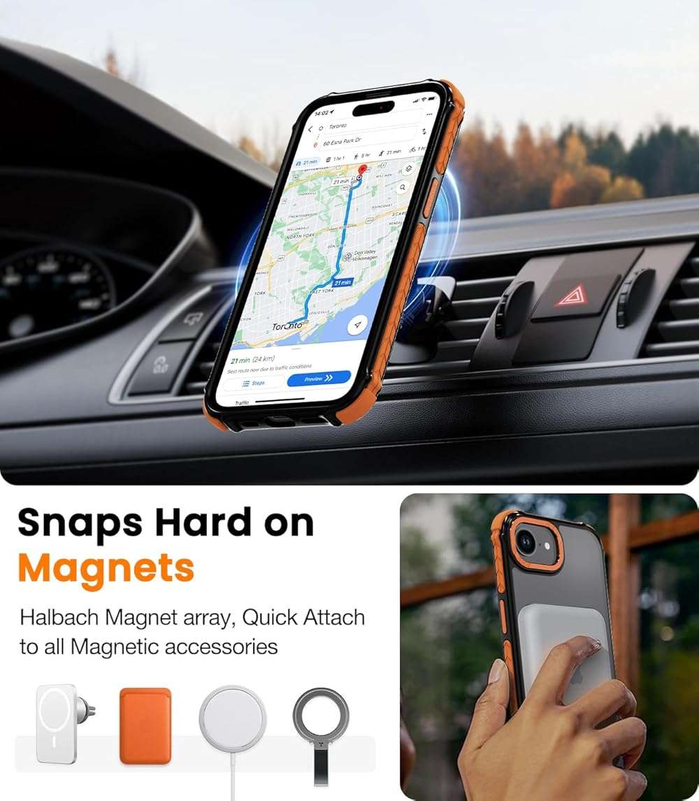 DEERLAMN Strong Magnetic Case for iPhone 16e/iPhone 17e 6.1-Inch,[Compatible with Magsafe][Military Grade Drop Protection] Translucent Matte Shockproof Protective Phone Cover-Frosted Orange - Image 2