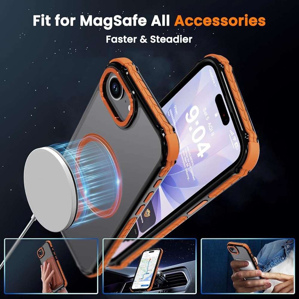 DEERLAMN Strong Magnetic Case for iPhone 16e/iPhone 17e 6.1-Inch,[Compatible with Magsafe][Military Grade Drop Protection] Translucent Matte Shockproof Protective Phone Cover-Frosted Orange - Image 3