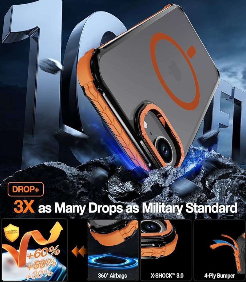 DEERLAMN Strong Magnetic Case for iPhone 16e/iPhone 17e 6.1-Inch,[Compatible with Magsafe][Military Grade Drop Protection] Translucent Matte Shockproof Protective Phone Cover-Frosted Orange - Image 4