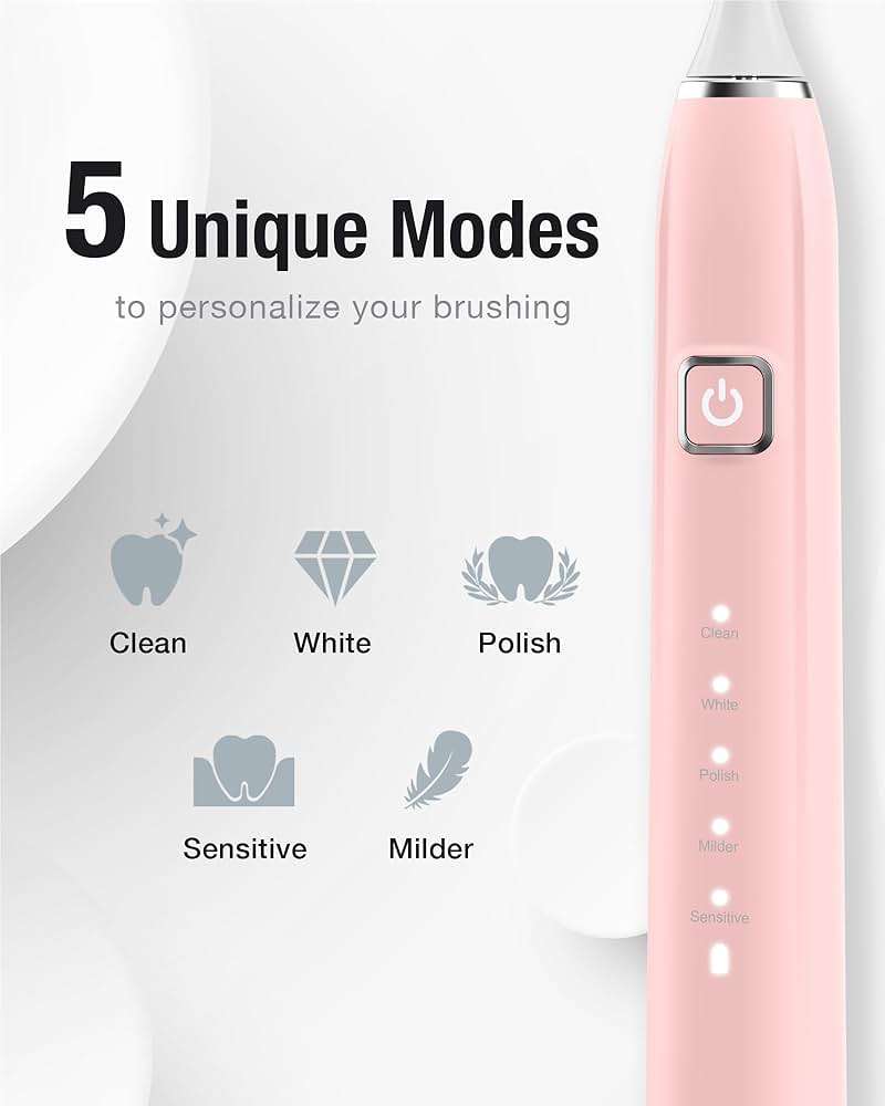 7AM2M Sonic Electric Toothbrush with 6 Brush Heads for Adults&Kids, One Charge for 120 Days, Wireless Fast Charge, 5 Modes, 40000VPM Powered Toothbrush, 2 Minutes Built in Smart Timer -Pink - Image 3