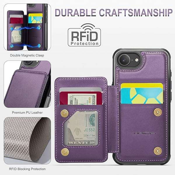Vinich for iPhone 17e / 16e Wallet Case with Card Holder, RFID Blocking Credit Slots Kickstand Shockproof Phone Cover Fit for iPhone 16e & 17e 6.1" Purple - Image 2