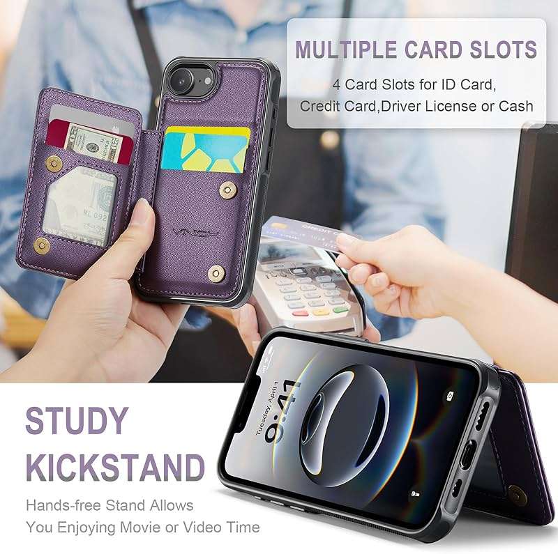 Vinich for iPhone 17e / 16e Wallet Case with Card Holder, RFID Blocking Credit Slots Kickstand Shockproof Phone Cover Fit for iPhone 16e & 17e 6.1" Purple - Image 3