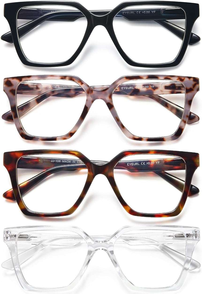 EYEURL 4 Pack Fashion Oversized Reading Glasses for Women Men Blue Light Blocking Computer Square Readers with Spring Hinge Designer Ladies Large Frame Square Anti UV Ray Eyeglasses 1.5 - Image 1