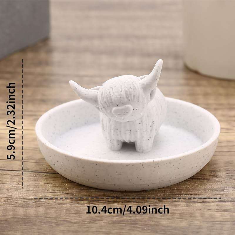 Awsaccy Highland Cow Ring Holder with Circular Dish, 3D Printed Plastic Farmhouse & Bohemian Style Cute Unique Women Gifts Stuff Ring Jewelry Plate Organizer for Bathroom Office Home Room Desk Decor - Image 2