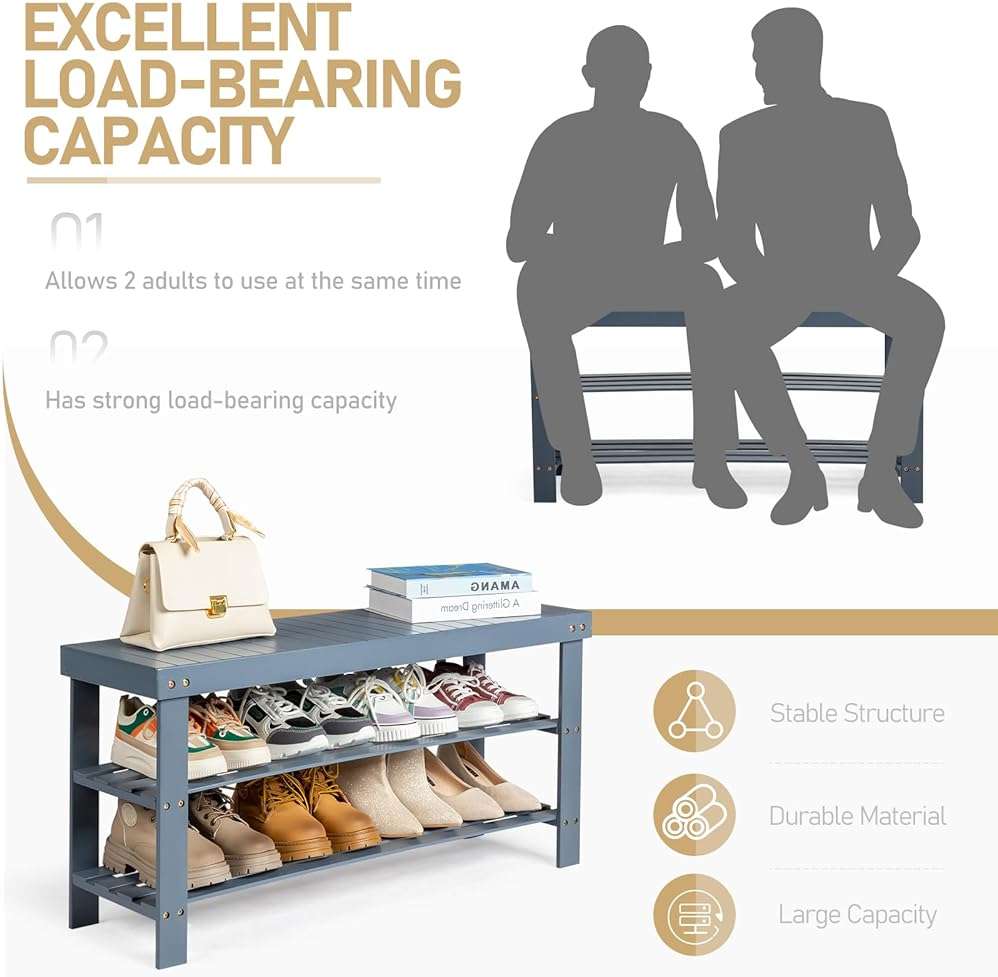3 Tier Bamboo Shoes Rack,Narrow Vertical Shoes Rack,Freestanding Shoe Organizer Shelf,Shoe Rack Storage Organizer,with Shelves,for Closet, Entryway, Front Door Entrance, Bedroom, Hallway (Gray) - Image 5