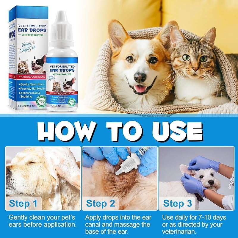 Beyxdu Dog Ear Infection Treatment Drops Yeast Ear Infection Treatment with 1% Hydrocortisone Ear Mites Treatment for Dogs Cat & Dog Ear Cleaner for Itchy Ear Relief (60ml) - Image 5