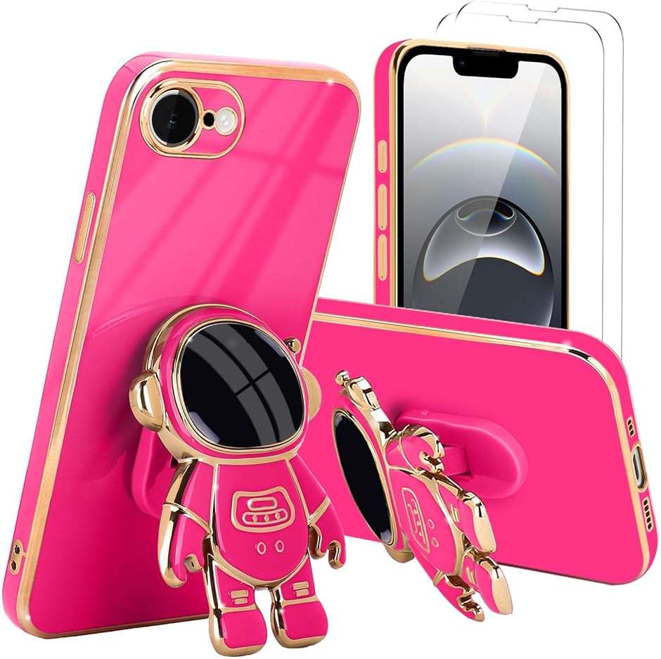 Pepmune for iPhone 17e/16e Case, Cute 3D Astronaut Stand with [2 Screen Protector] [Camera Protection] Kickstand Shockproof Bling Silicone Soft Phone Back Cover for Apple iPhone 16e/17e Case, Hot Pink - Image 1