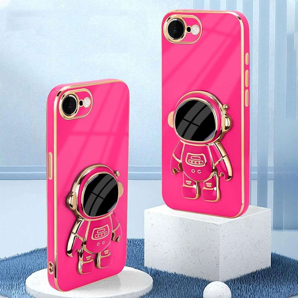Pepmune for iPhone 17e/16e Case, Cute 3D Astronaut Stand with [2 Screen Protector] [Camera Protection] Kickstand Shockproof Bling Silicone Soft Phone Back Cover for Apple iPhone 16e/17e Case, Hot Pink - Image 2