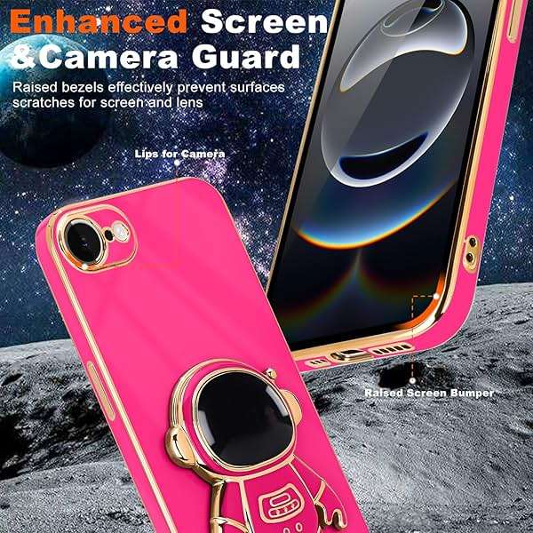 Pepmune for iPhone 17e/16e Case, Cute 3D Astronaut Stand with [2 Screen Protector] [Camera Protection] Kickstand Shockproof Bling Silicone Soft Phone Back Cover for Apple iPhone 16e/17e Case, Hot Pink - Image 3